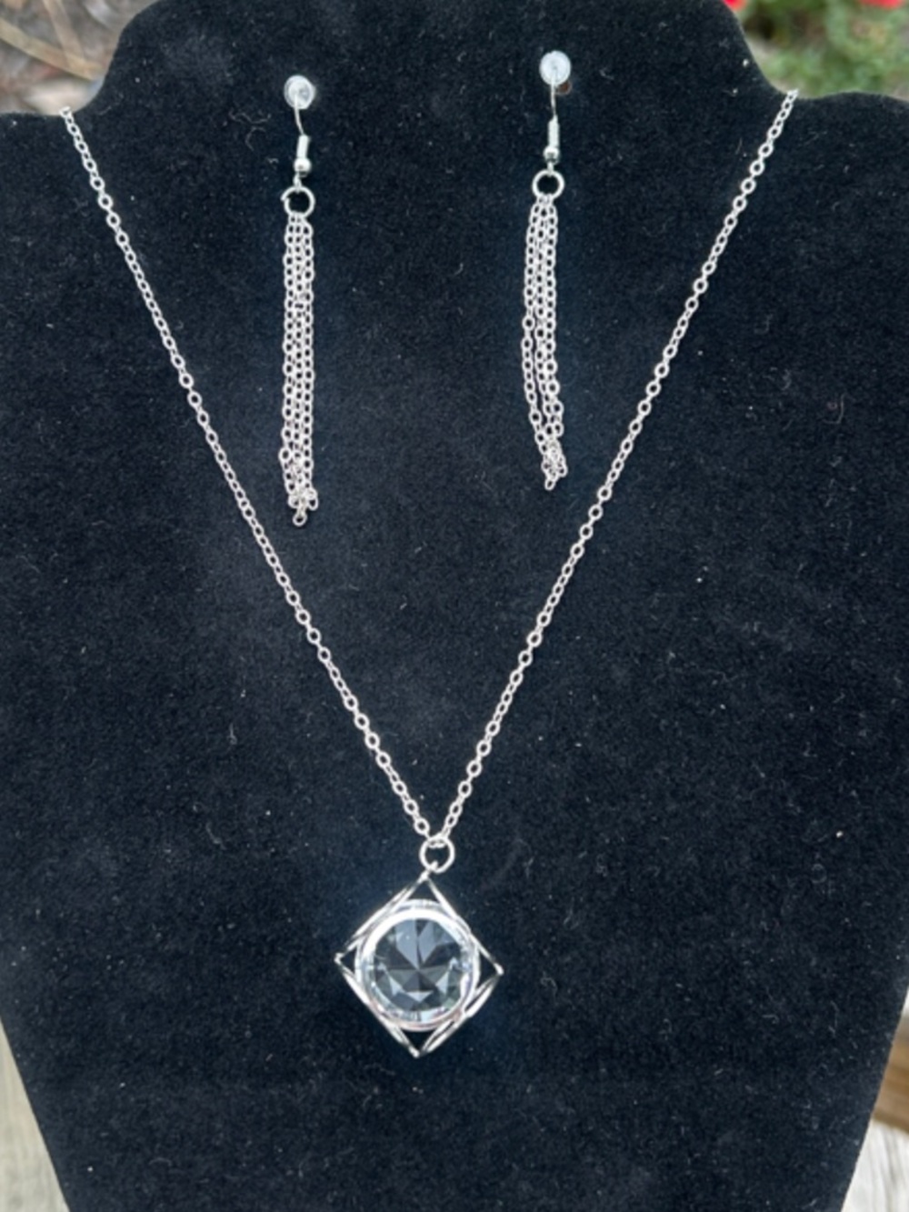 Silver-tone Crystal Pendant Necklace and Drop Earrings Set